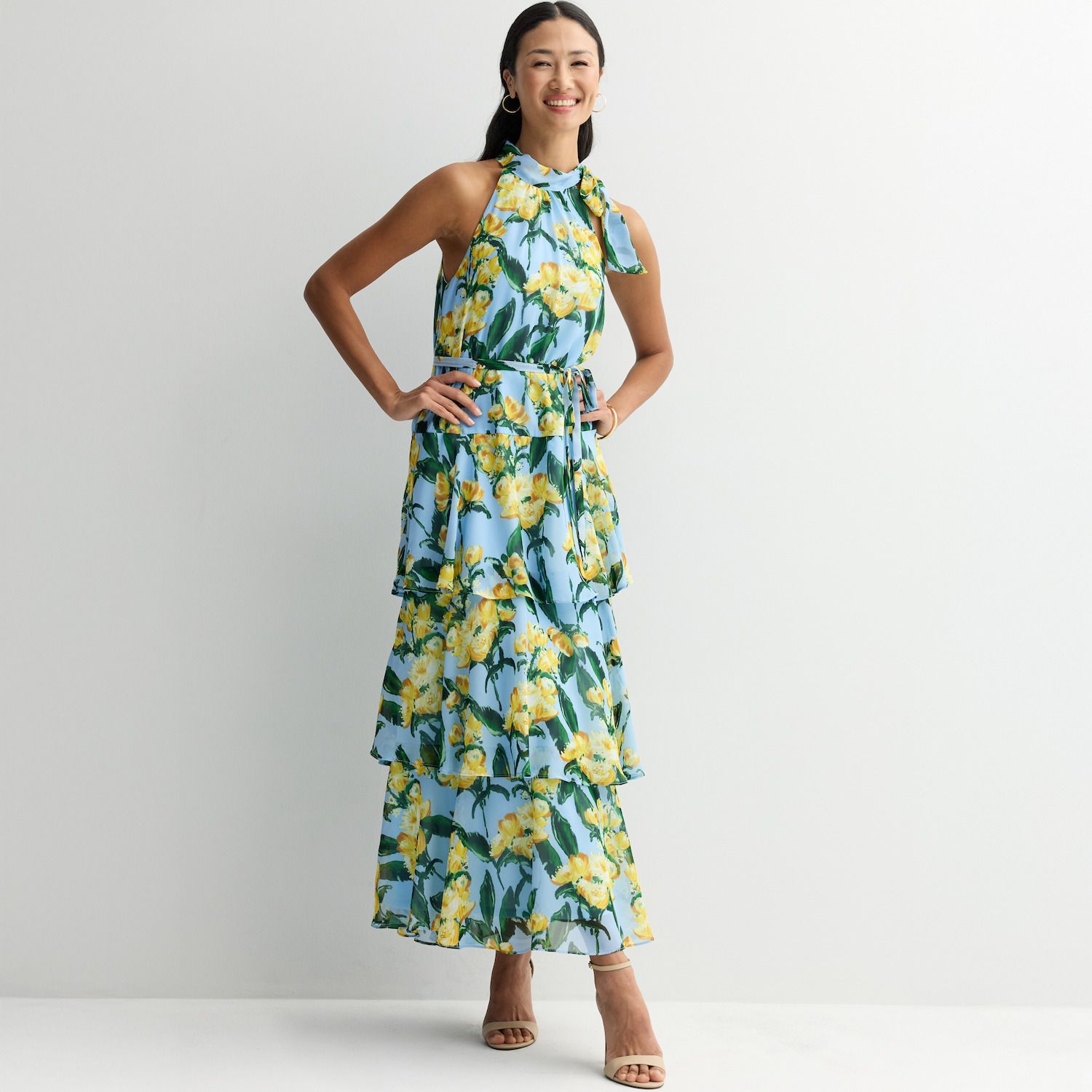 Женские платья Donna Ricco Sleeveless Printed Chiffon Halter Maxi Dress