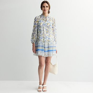 Women's Donna Ricco Long Sleeve Short Float Dress with Pleating Details