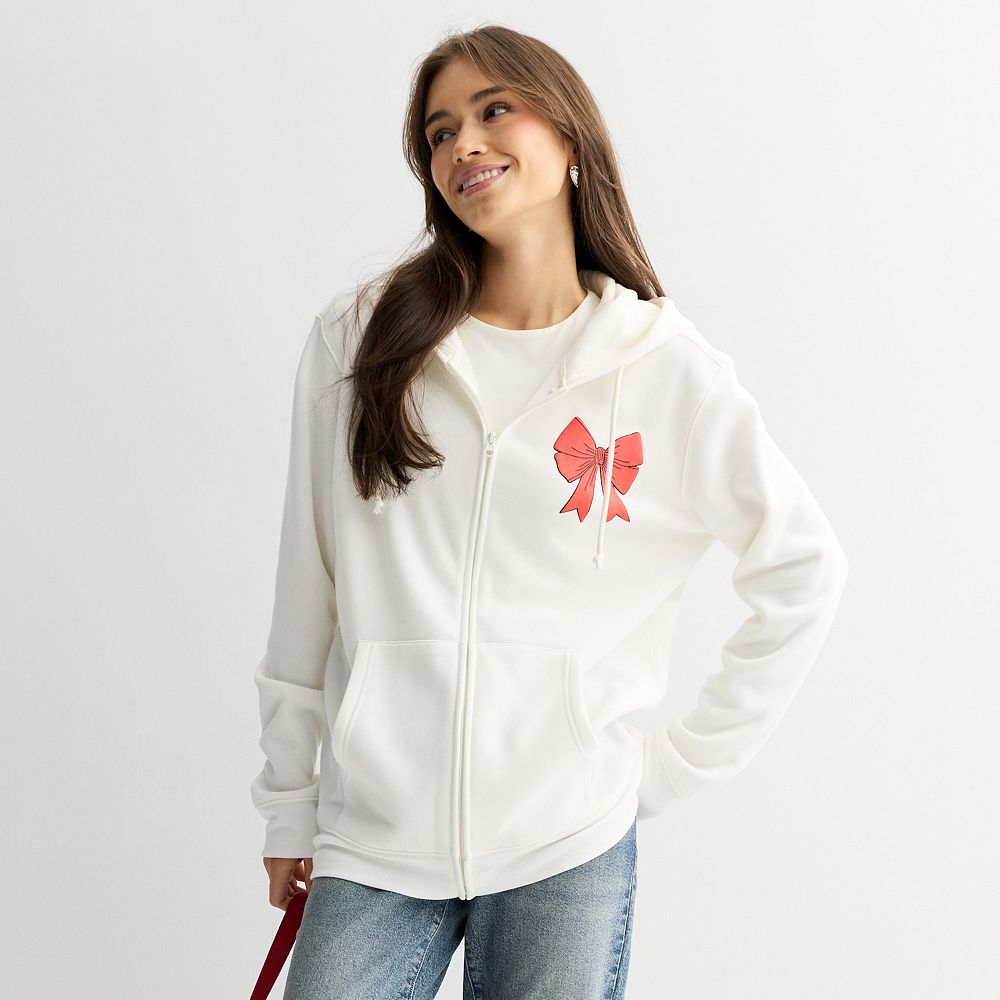 Juniors' Long Sleeve Zip Up Hoodie with Bow Graphics