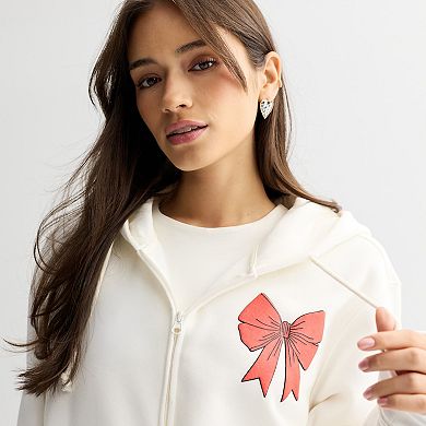 Juniors' Long Sleeve Zip Up Hoodie with Bow Graphics