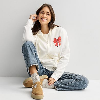 Juniors' Long Sleeve Zip Up Hoodie with Bow Graphics