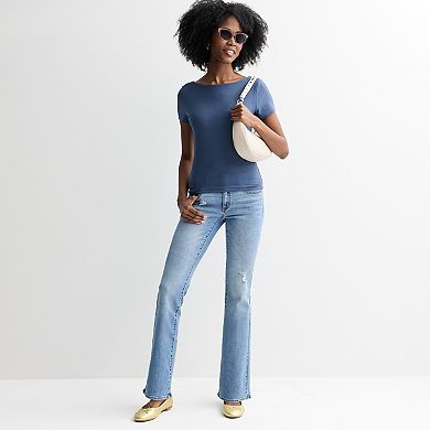 Juniors' Pink Republic Contour Short Sleeve Boatneck Top