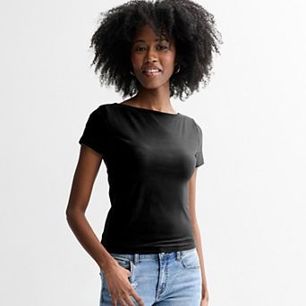 Juniors' Pink Republic Contour Short Sleeve Boatneck Top