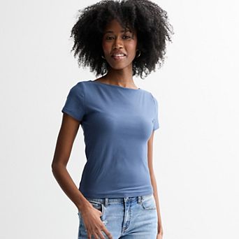 Juniors' Pink Republic Contour Short Sleeve Boatneck Top