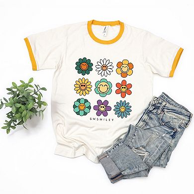 S.W.Smiley Flowers Stacked - Women's Ringer Graphic T-Shirt