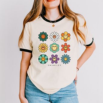 S.W.Smiley Flowers Stacked - Women's Ringer Graphic T-Shirt