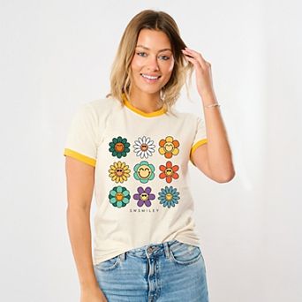 S.W.Smiley Flowers Stacked - Women's Ringer Graphic T-Shirt