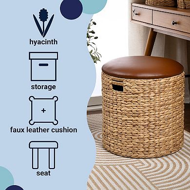 Josie 18" Modern Coastal Hand-Woven Hyacinth Storage Ottoman with Lid