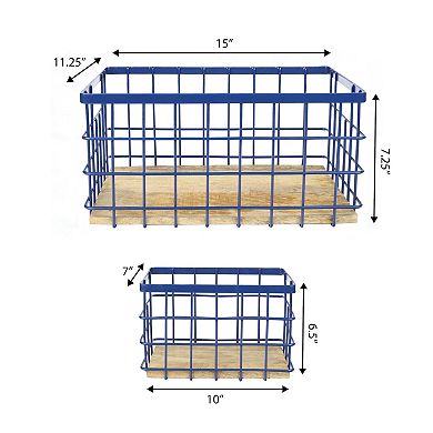 Evvie Vintage Farmhouse Handmade Wire Metal Nesting Storage Baskets with Wood Base (Set of 3)