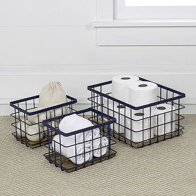Evvie Vintage Farmhouse Handmade Wire Metal Nesting Storage Baskets with Wood Base (Set of 3)