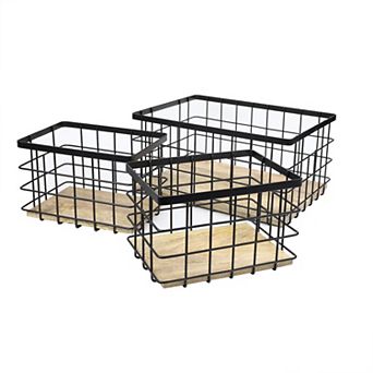 Evvie Vintage Farmhouse Handmade Wire Metal Nesting Storage Baskets with Wood Base (Set of 3)
