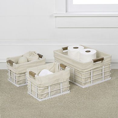 Callan Handmade Wire Metal Nesting Storage Baskets with Wood Handles and Fabric Liner (Set of 3)