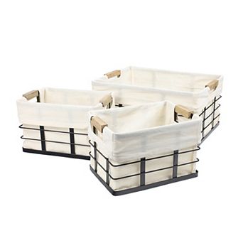 Callan Handmade Wire Metal Nesting Storage Baskets with Wood Handles and Fabric Liner (Set of 3)