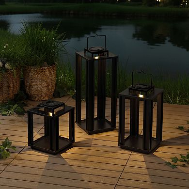 Leland Modern Industrial Integrated Indoor/Outdoor LED Solar Powered Lanterns (Set of 3)
