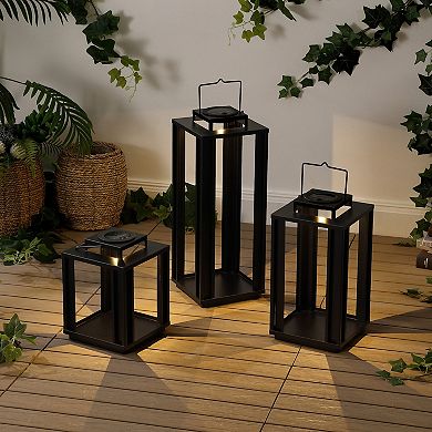 Leland Modern Industrial Integrated Indoor/Outdoor LED Solar Powered Lanterns (Set of 3)