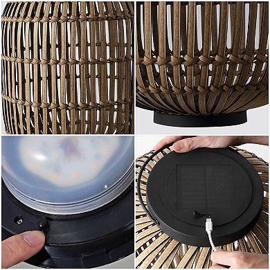 Nara 20.5" Modern Global Faux Rattan Integrated Indoor/Outdoor LED Solar Powered Lantern