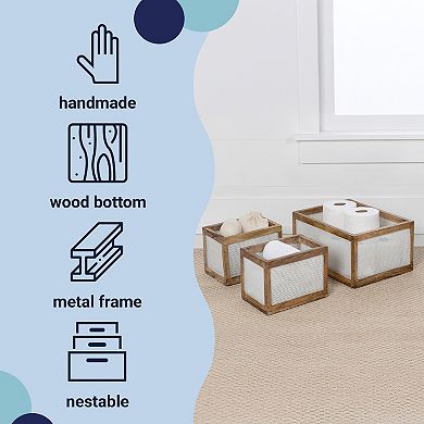 Fallon Modern Minimalist Handmade Wooden Metal Nesting Storage Baskets (Set of 3)