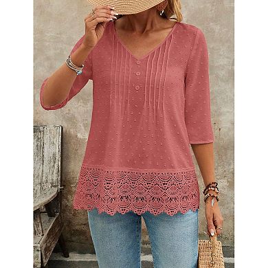 Women's V Neck 3/4 Lace Sleeve Tshirts Casual Summer Loose Fit Fashion Tops