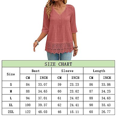 Women's V Neck 3/4 Lace Sleeve Tshirts Casual Summer Loose Fit Fashion Tops
