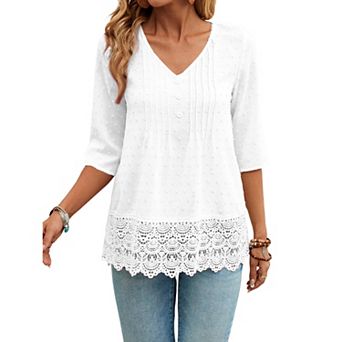 Women's V Neck 3/4 Lace Sleeve Tshirts Casual Summer Loose Fit Fashion Tops