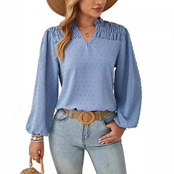Women's Elegant Vintage Stylish Blouse Polka Dot Ruched Long Sleeve V Neck Shirt
