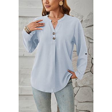 Women's V-Neck Blouse with Decorative Front Buttons and Roll-Tab Sleeves