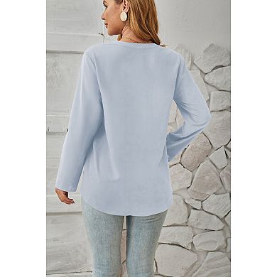 Women's V-Neck Blouse with Decorative Front Buttons and Roll-Tab Sleeves