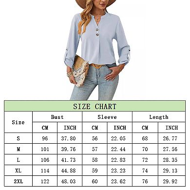 Women's V-Neck Blouse with Decorative Front Buttons and Roll-Tab Sleeves