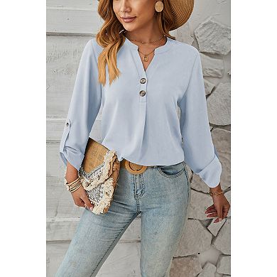 Women's V-Neck Blouse with Decorative Front Buttons and Roll-Tab Sleeves