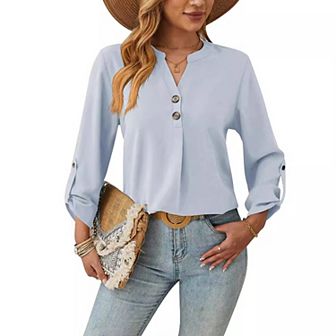 Women's V-Neck Blouse with Decorative Front Buttons and Roll-Tab Sleeves