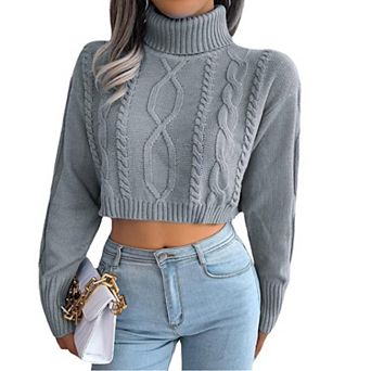 Womens Twist Knit Solid Cropped Sweater Flattering Outwear Long Sleeve Turtleneck Fashion Pullover