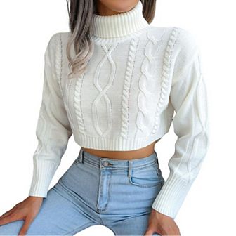 Womens Twist Knit Solid Cropped Sweater Flattering Outwear Long Sleeve Turtleneck Fashion Pullover