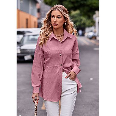 Womens Long Sleeve Textured Shirts Loose Fit Casual Button Down Blouse Fall Outfits