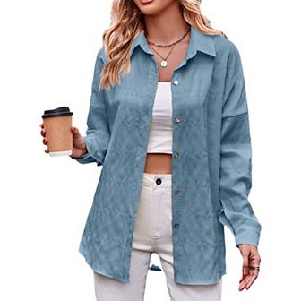 Womens Long Sleeve Textured Shirts Loose Fit Casual Button Down Blouse Fall Outfits