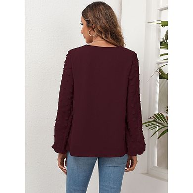 Swiss Dot Tops for Women Lantern Sleeve V Neck Chiffon Blouses