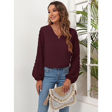 Swiss Dot Tops for Women Lantern Sleeve V Neck Chiffon Blouses