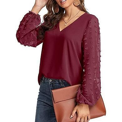 Swiss Dot Tops for Women Lantern Sleeve V Neck Chiffon Blouses