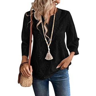 Women's Summer Tops Women's Fashion Casual V-neck Solid Color Lace 3/4 Sleeve Loose Top T-shirt