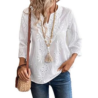Women's Summer Tops Women's Fashion Casual V-neck Solid Color Lace 3/4 Sleeve Loose Top T-shirt