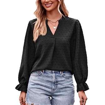 Women's Casual Tops Trendy V Neck Swiss Dot Long Sleeve Shirts Loose Comfy Ladies Blouse