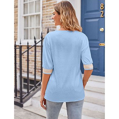 Womens Blouses Dressy Casual Tops Lace Patchwork V-Neck Pullover 3/4 Length Sleeve Shirts