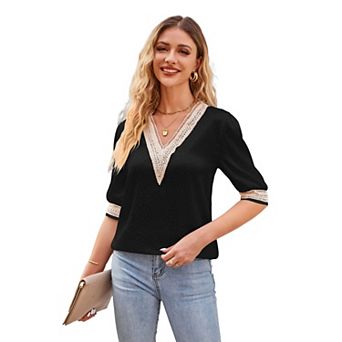 Womens Blouses Dressy Casual Tops Lace Patchwork V-Neck Pullover 3/4 Length Sleeve Shirts