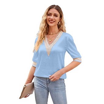 Womens Blouses Dressy Casual Tops Lace Patchwork V-Neck Pullover 3/4 Length Sleeve Shirts