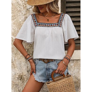 Shirts for Women Boho Embroidered Short Butterfly Sleeve Square Neck Loose Blouses Tees