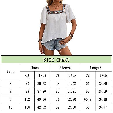 Shirts for Women Boho Embroidered Short Butterfly Sleeve Square Neck Loose Blouses Tees