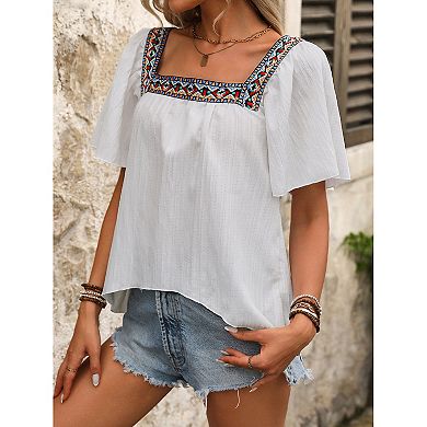 Shirts for Women Boho Embroidered Short Butterfly Sleeve Square Neck Loose Blouses Tees