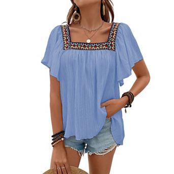 Shirts for Women Boho Embroidered Short Butterfly Sleeve Square Neck Loose Blouses Tees