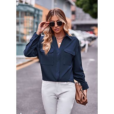 Womens Fashion Long Sleeve Button Down Business Office Shirts Solid Color Blouse Tops with Pockets