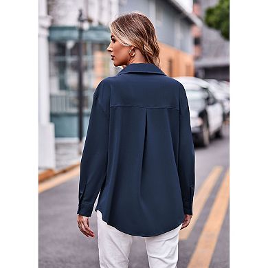 Womens Fashion Long Sleeve Button Down Business Office Shirts Solid Color Blouse Tops with Pockets