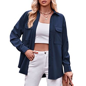 Womens Fashion Long Sleeve Button Down Business Office Shirts Solid Color Blouse Tops with Pockets